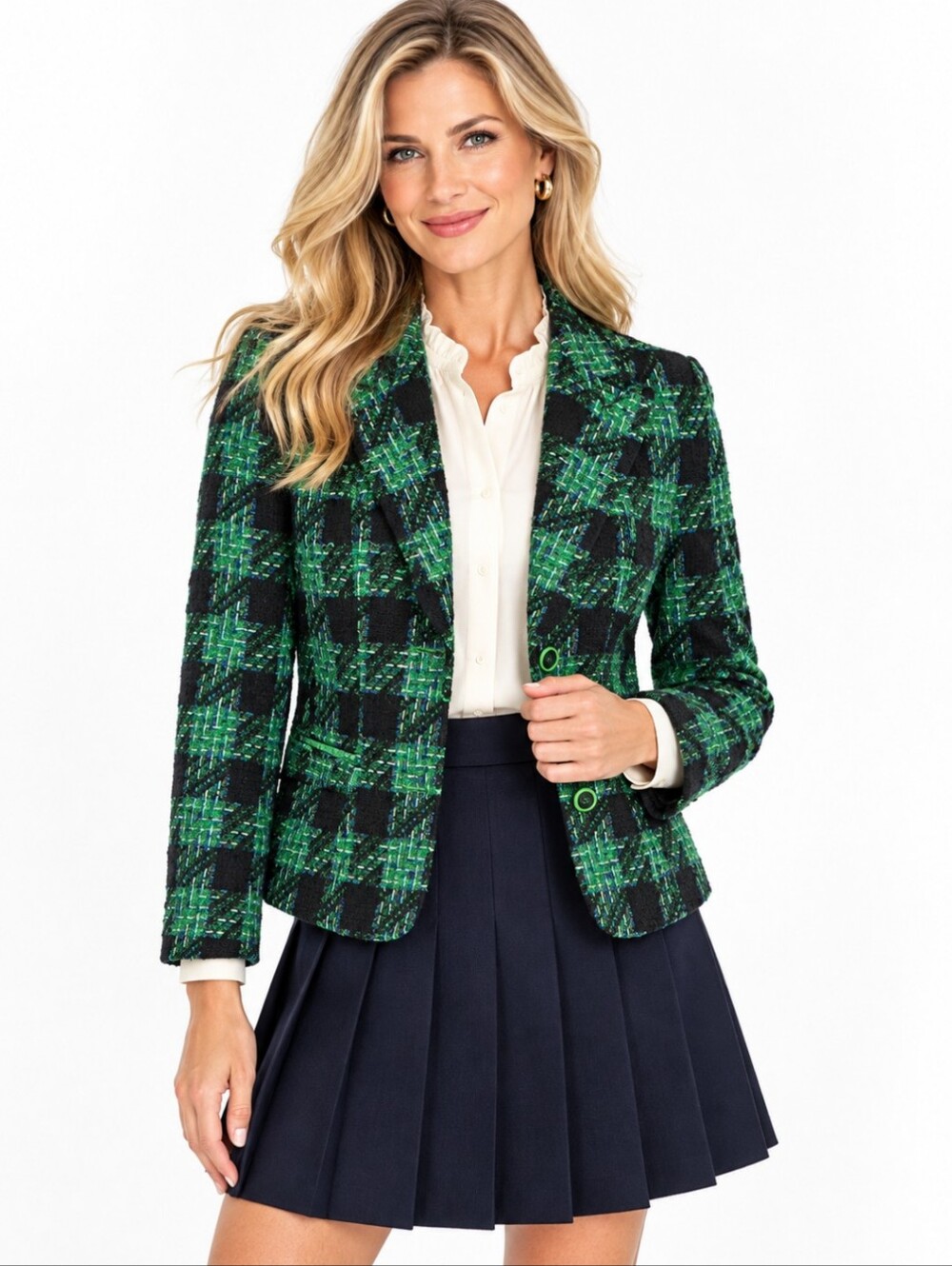 Vtg Anne Bowen Green & Black Plaid Tweed Notch-Collar Preppy Classic Blazer Sz M